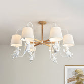 Contemporary White Barrel Chandelier Lamp - 6-Head Fabric Suspension Light with Angel Decoration